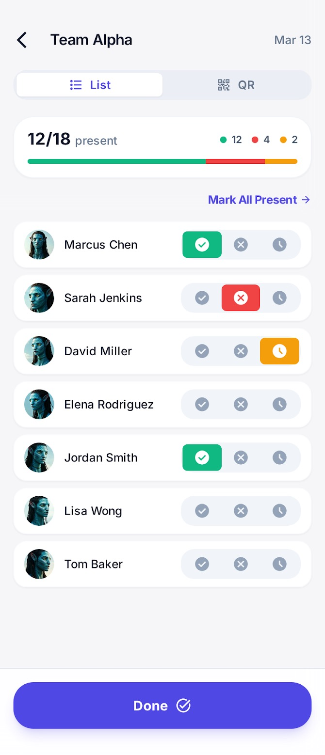 Marking attendance for a group in CoachTrack.