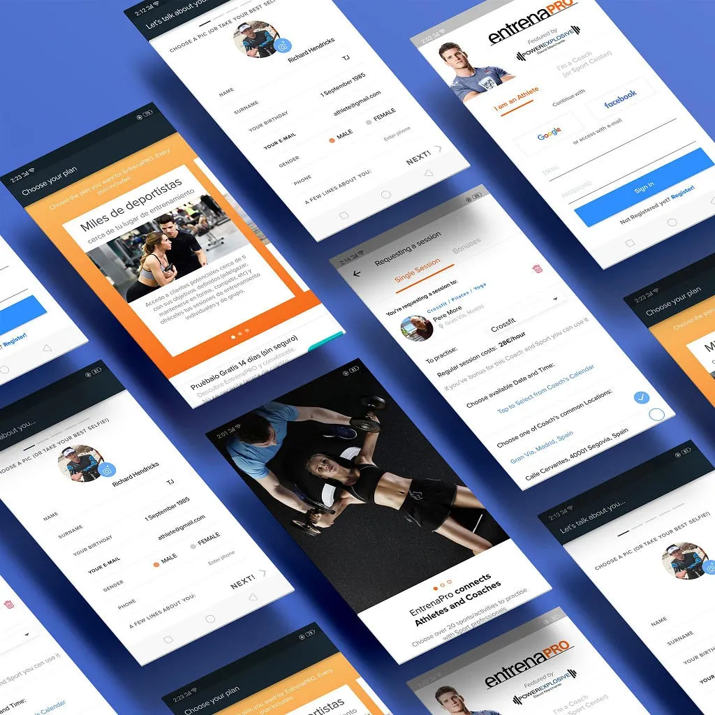 EntrenaPro screens for sign-in, sign-up, plans and session requests, tilted on a blue background
