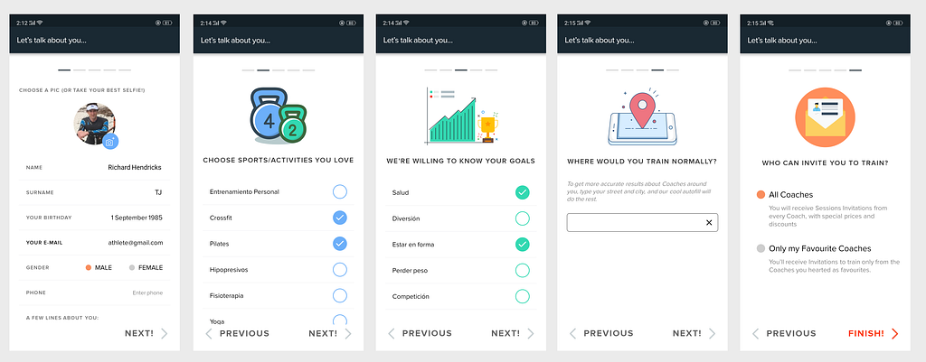 EntrenaPro's athlete onboarding in 2018, five screens built with Flutter before 1.0.