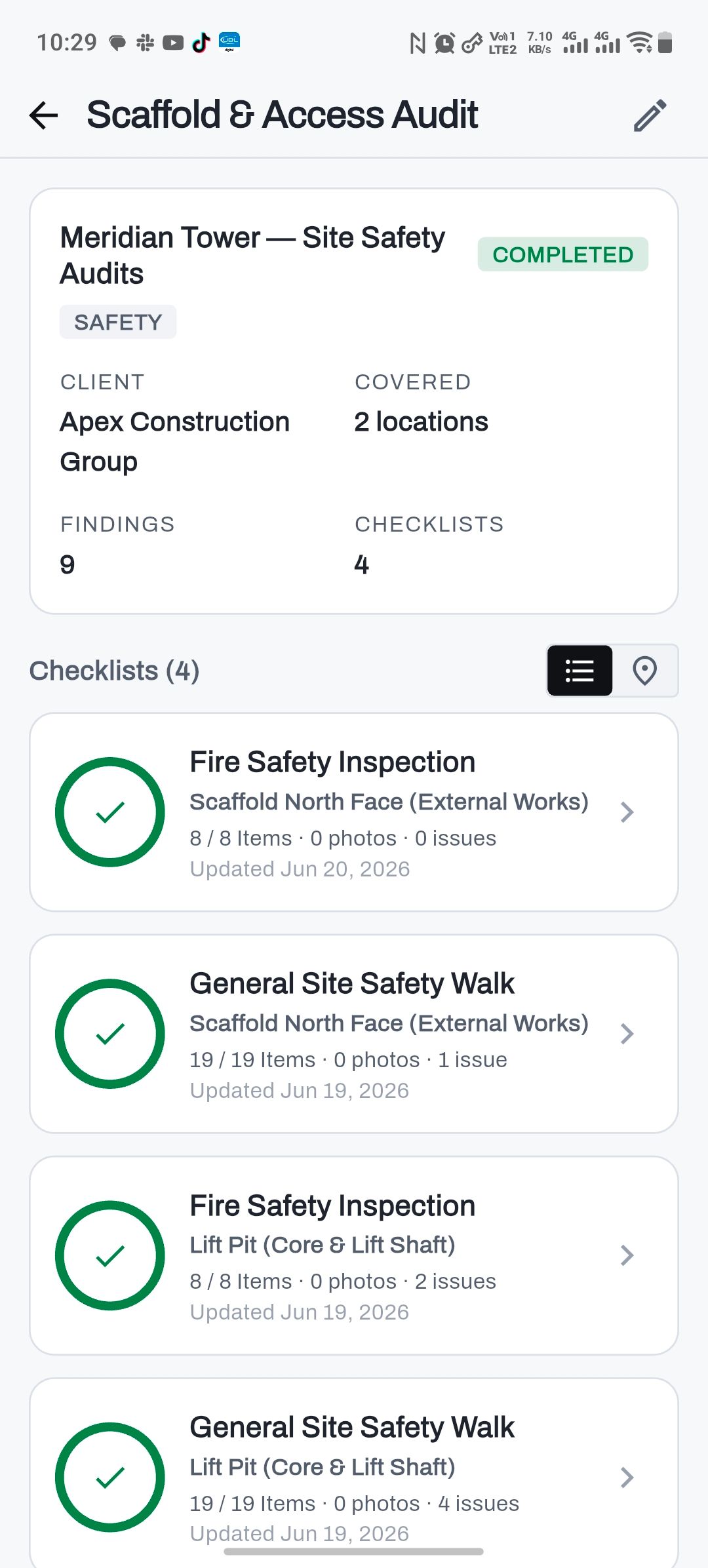 A completed safety inspection in FieldAudit Pro on Android: its client, the two locations it covered, nine findings, and two checklists for each location.