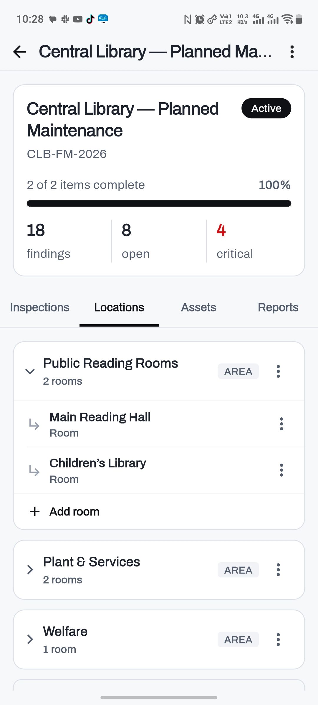 A project's locations in FieldAudit Pro on Android: three areas, one opened to show the two rooms nested under it.