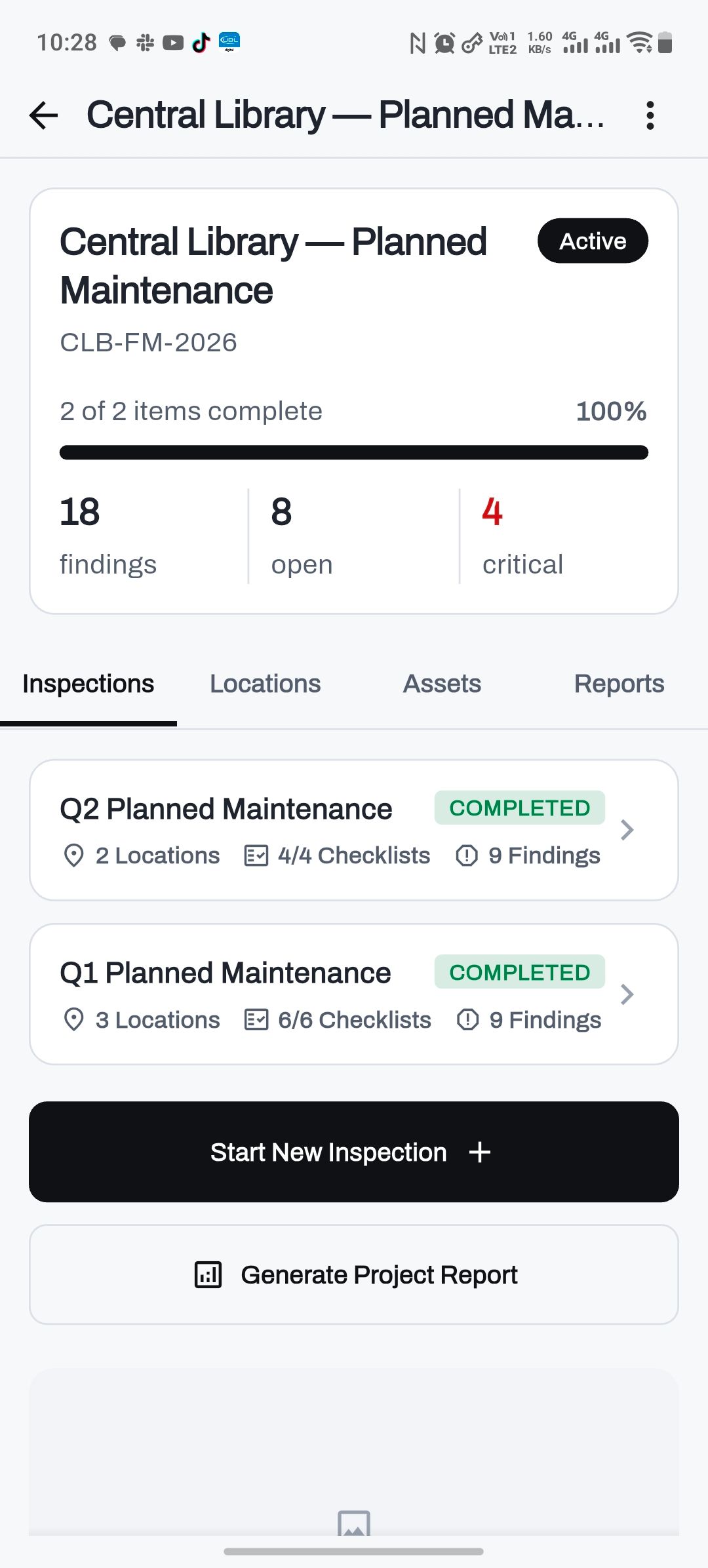 A project in FieldAudit Pro on Android: 18 findings, 8 open and 4 critical, two completed quarterly inspections, and buttons to start an inspection or generate the project report.