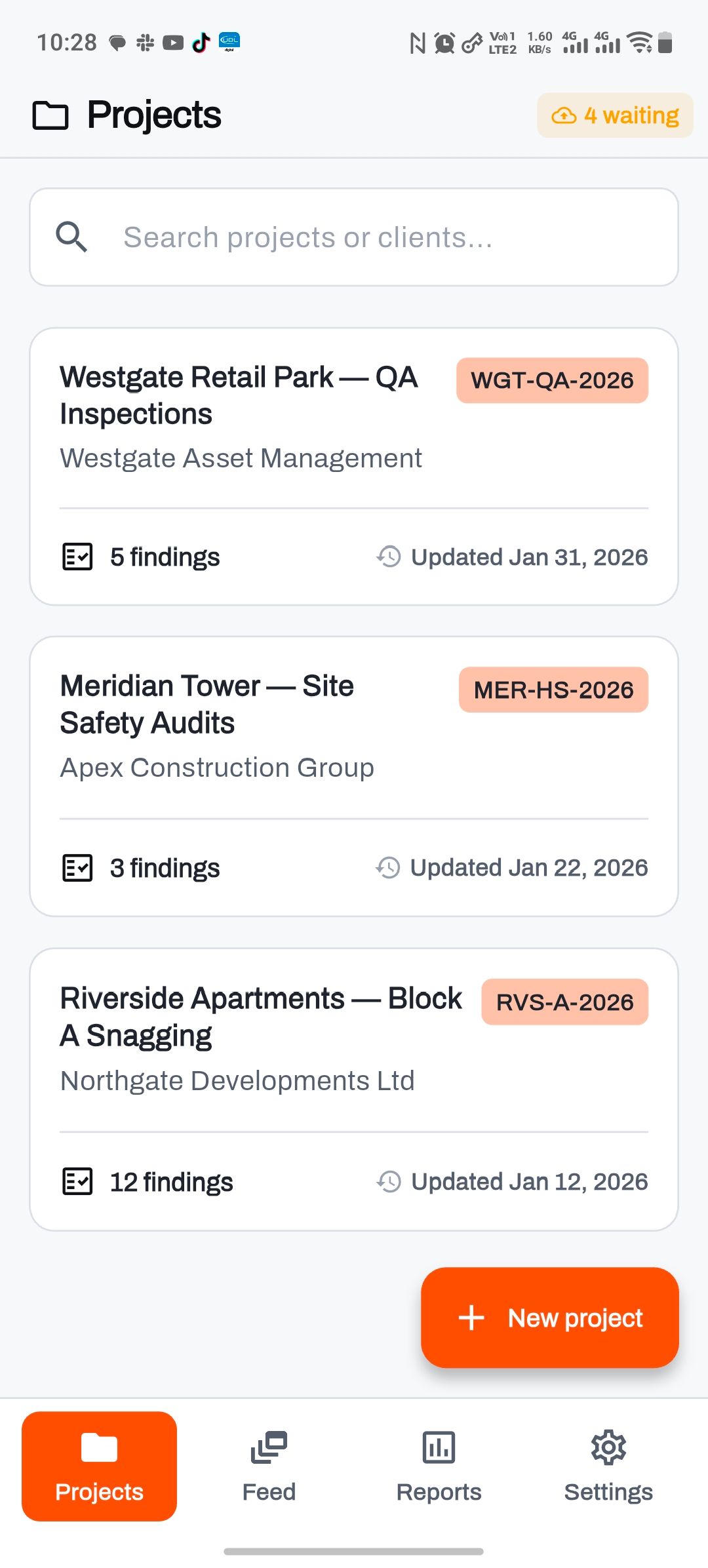 FieldAudit Pro's projects on Android, with the sync indicator at the top showing four changes waiting to go up.