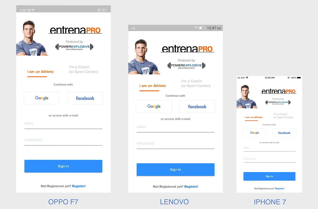 The EntrenaPro sign-in screen on an OPPO F7, a Lenovo phone and an iPhone 7