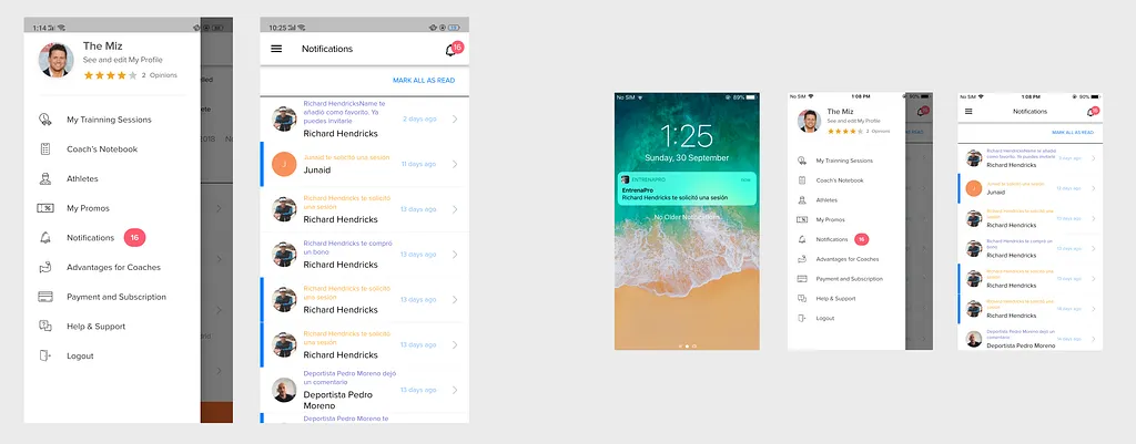 EntrenaPro's side menu and notifications list on Android, and a push notification, side menu and notifications list on iPhone