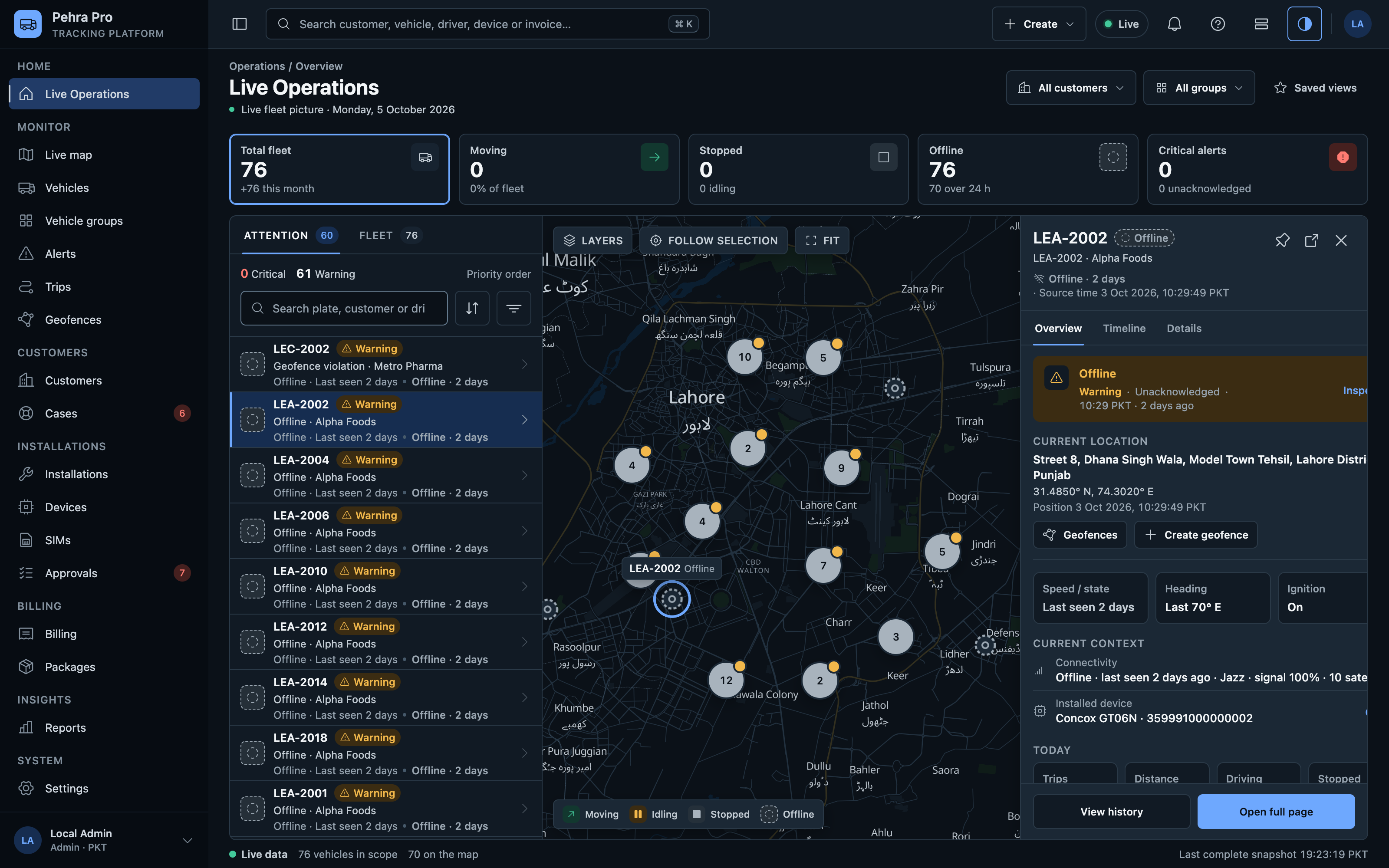 A simulated fleet on Pehra Pro's live map, with one vehicle's details open.