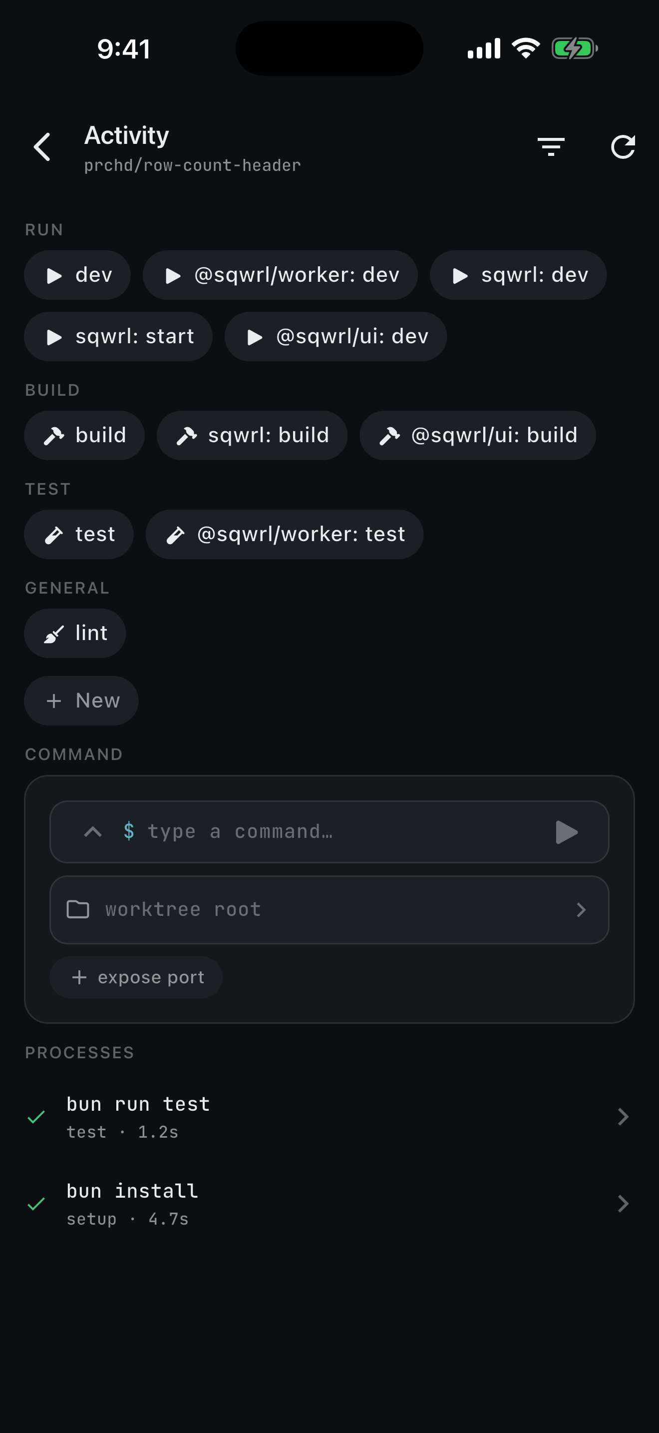 A workspace's commands in PRCHD on iPhone: run, build, test and lint buttons, and a test run that passed.