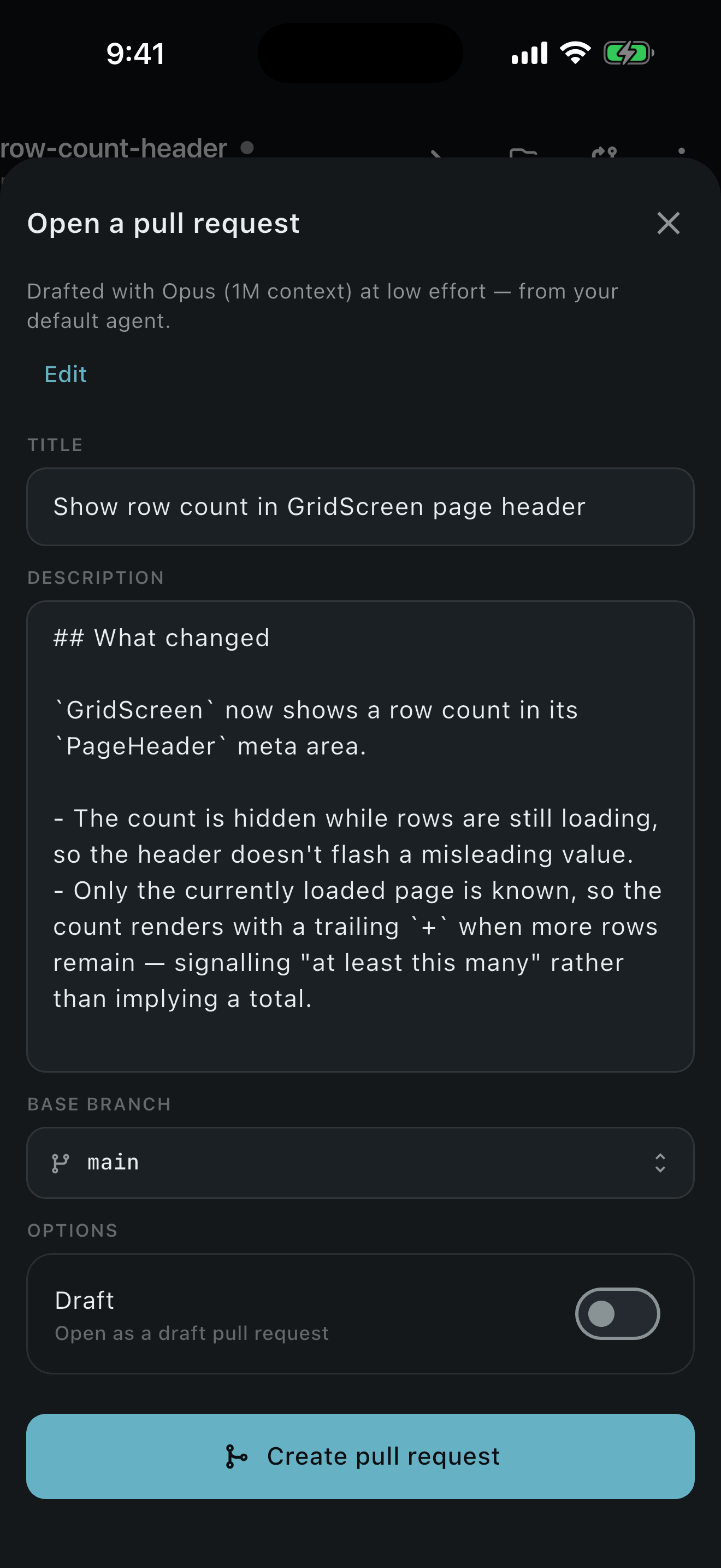 PRCHD on iPhone: the pull request the agent drafted, with its title, description and base branch, ready to create.