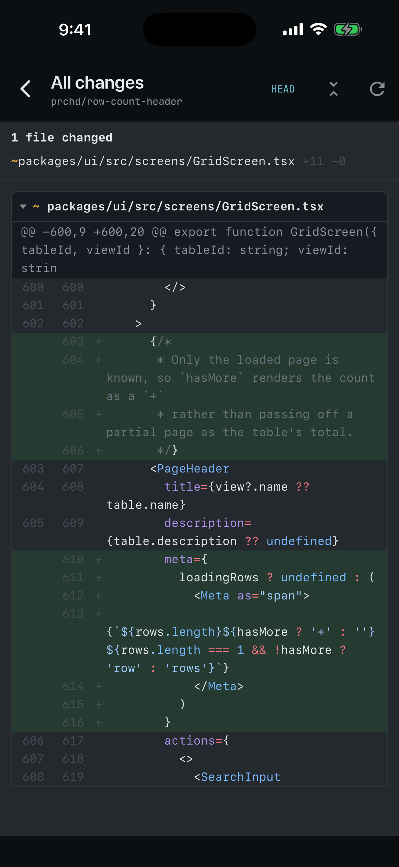 Reviewing an agent's diff in PRCHD on iPhone: one file changed, syntax-highlighted, with line numbers.