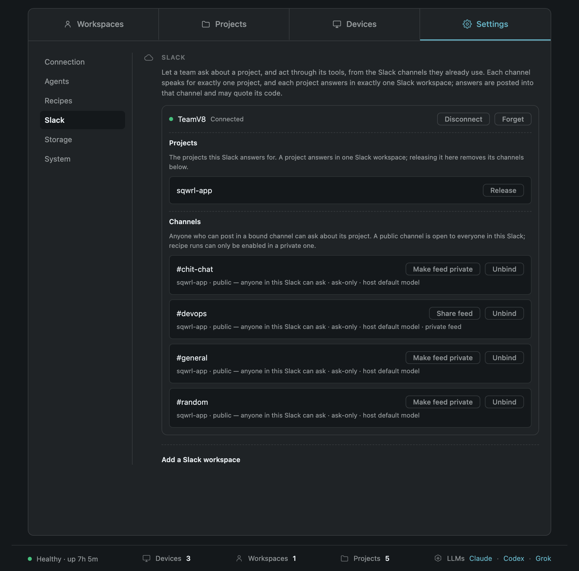 PRCHD's host dashboard: one Slack workspace connected, the one project it answers for, and four public channels bound to it, each ask-only.