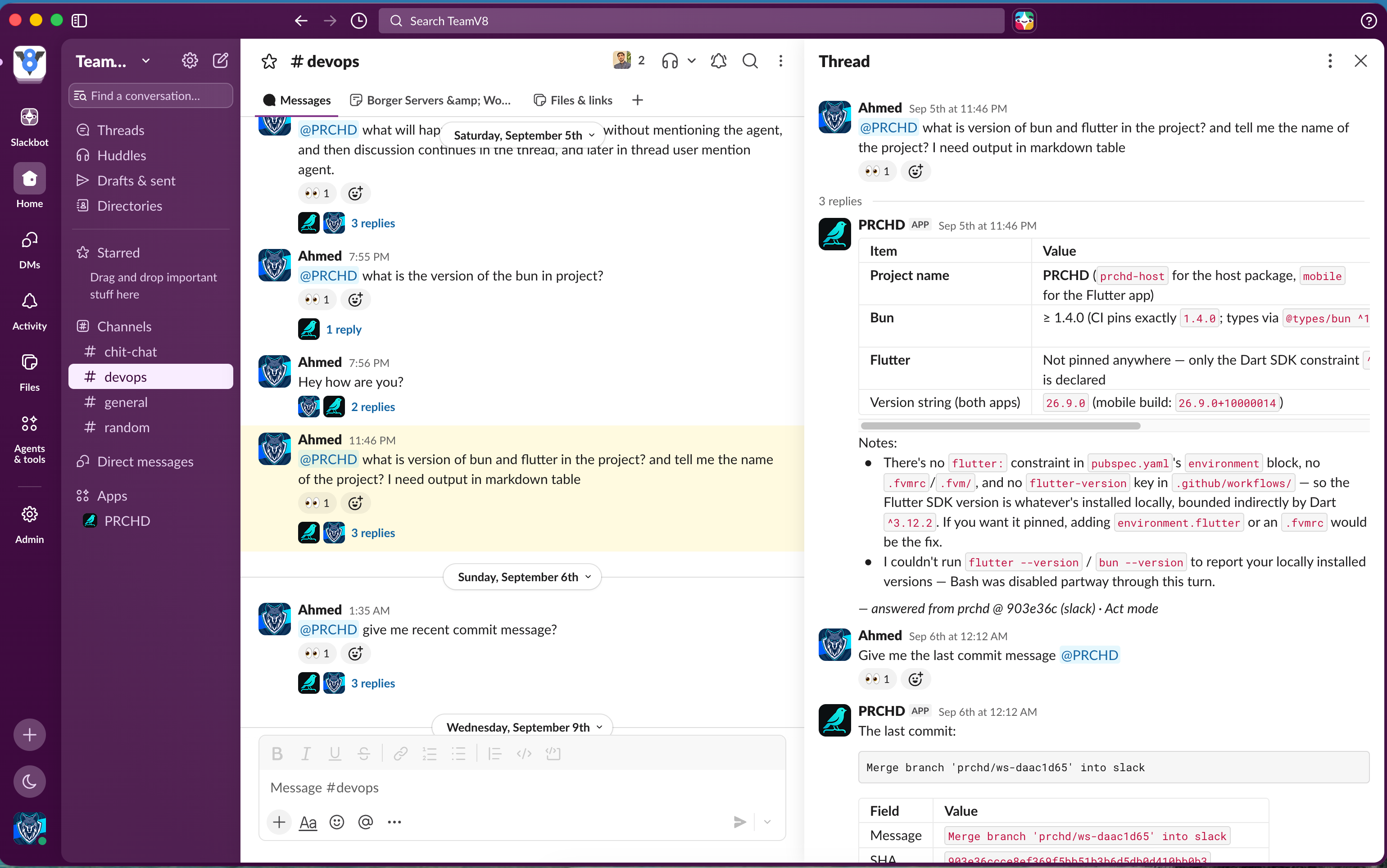 PRCHD answering in a Slack thread on a Mac: asked for the project's name and its Bun and Flutter versions as a Markdown table, it replies with the table and its notes, signed with the repository, commit and mode it read. Asked next for the last commit message, it quotes it.