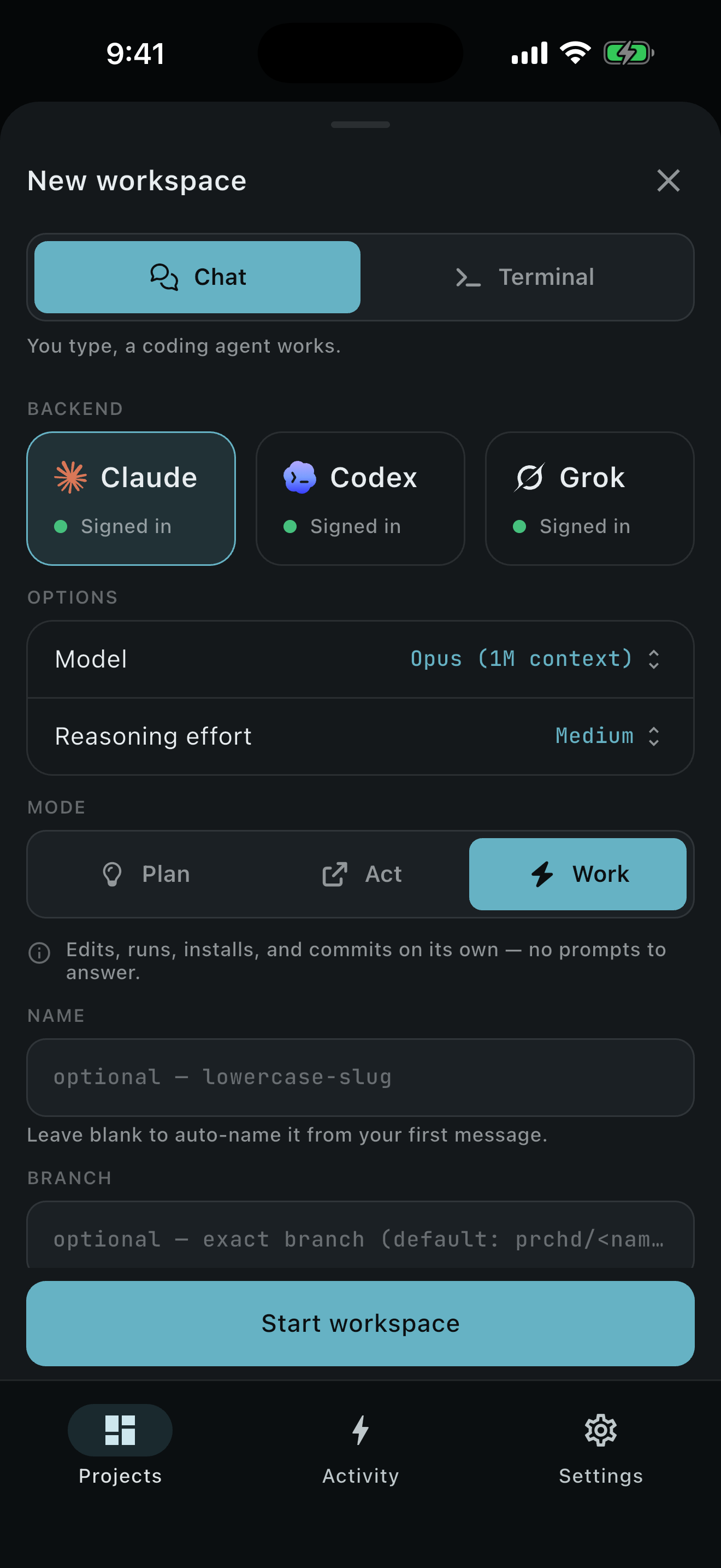 Starting a workspace in PRCHD on iPhone: Claude, Codex or Grok, the model, the reasoning effort, and Plan, Act or Work.