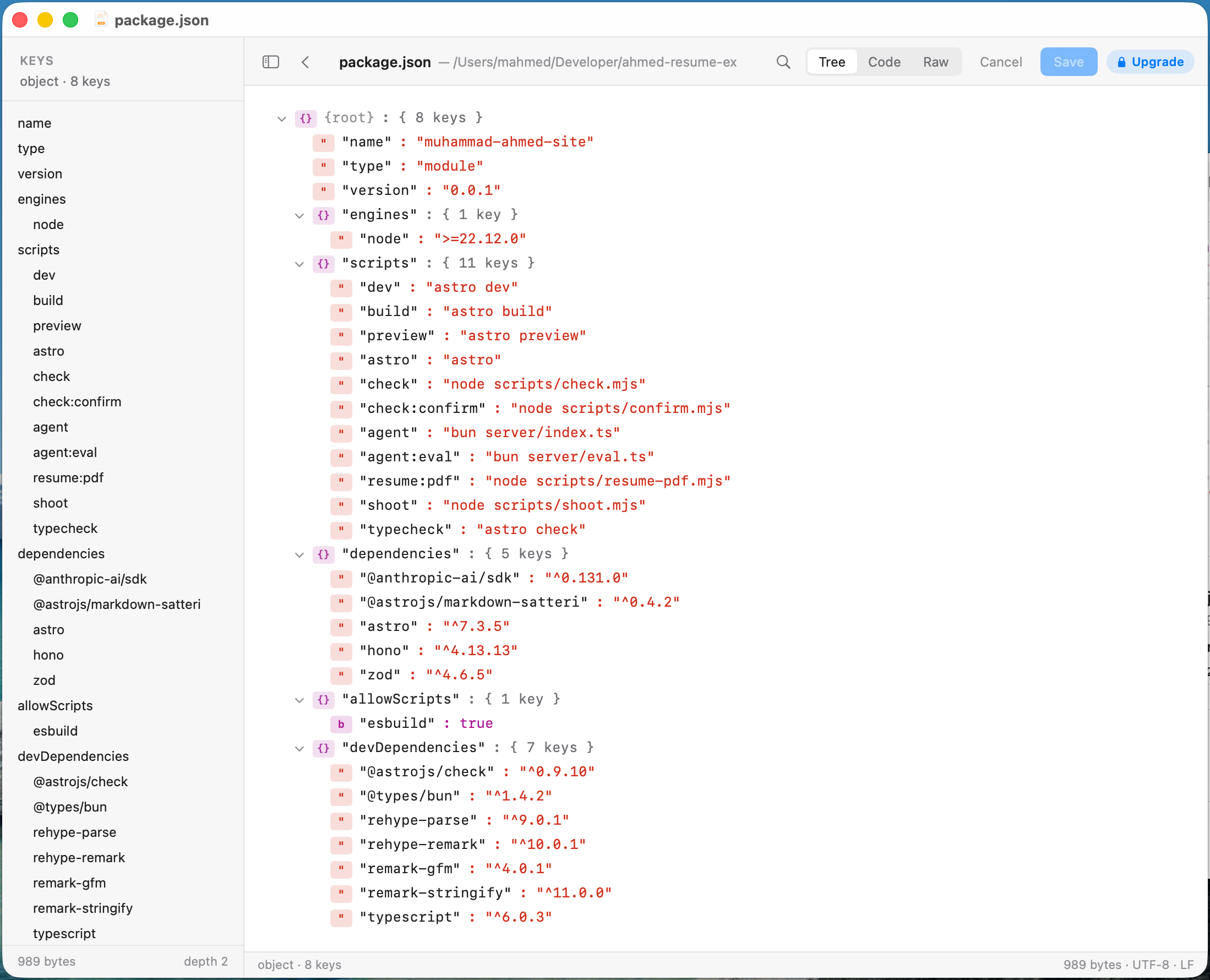 This site's package.json in QuickPeek's tree view on a Mac: every key listed in a sidebar, and the scripts and dependencies opened out, each value marked with its type.