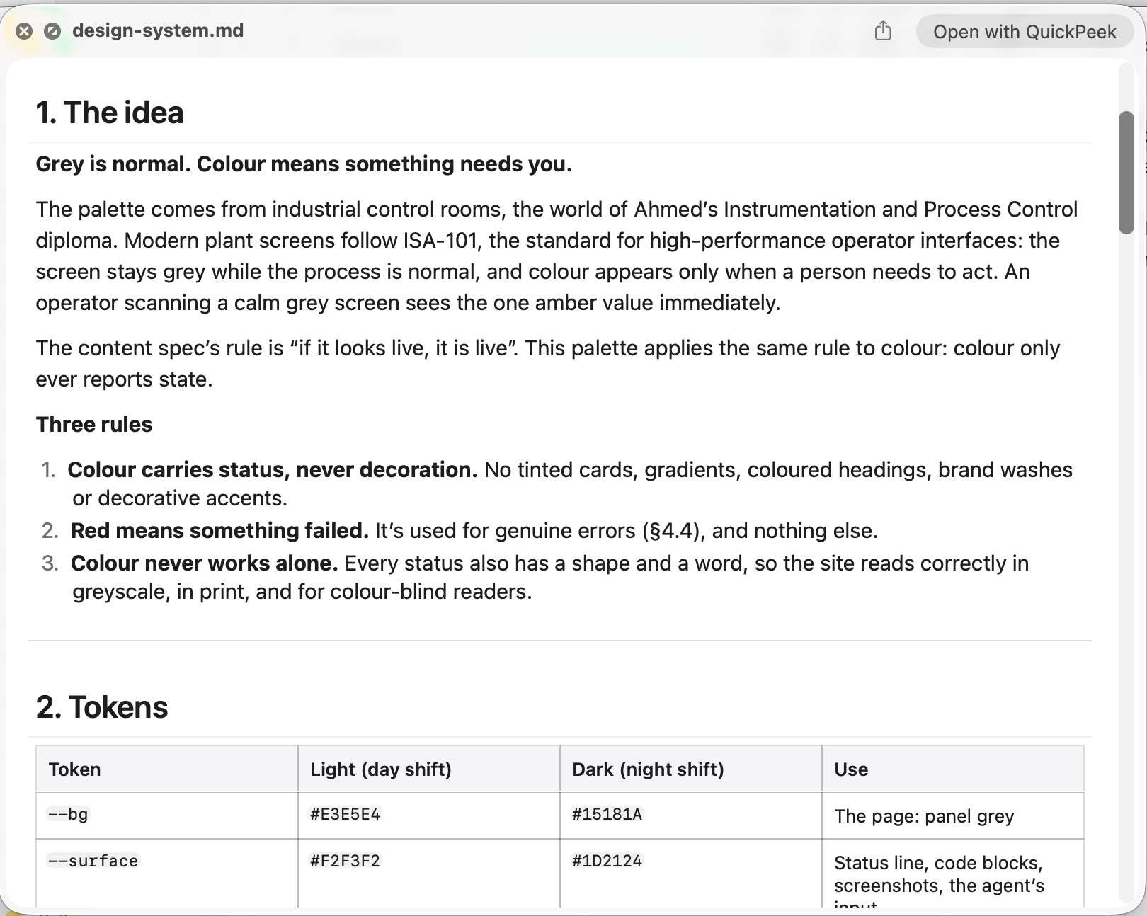 QuickPeek's Quick Look preview on a Mac: this site's design-system.md, rendered, with its headings, a numbered list and a table of colour tokens, and a button to open it in QuickPeek.