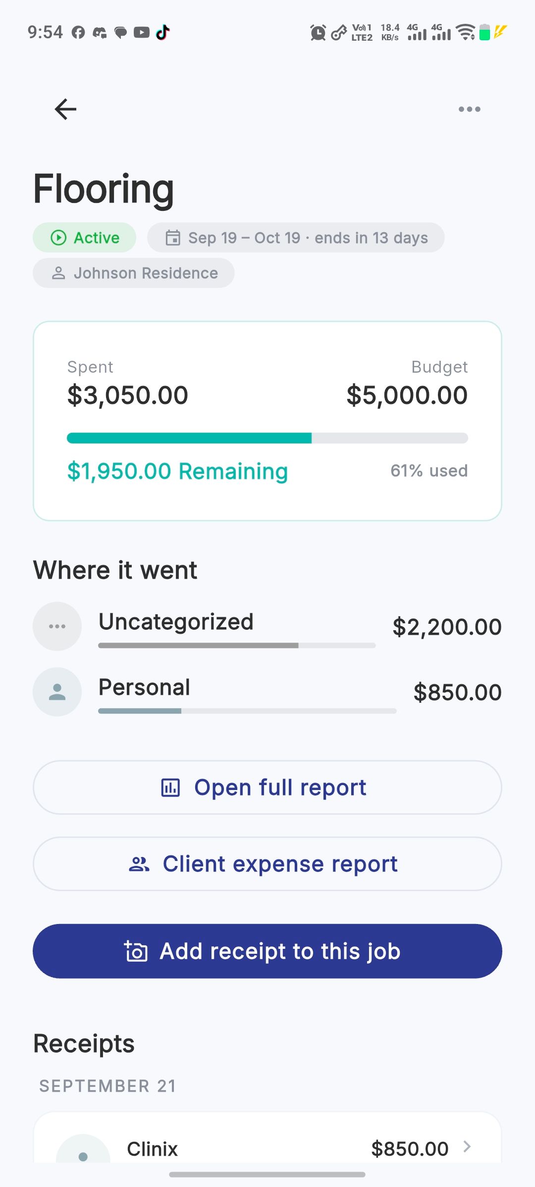 A job in Snap Receipt on Android: Flooring for the Johnson Residence, $3,050 spent of a $5,000 budget, where the money went, and buttons for the full report and the client expense report.