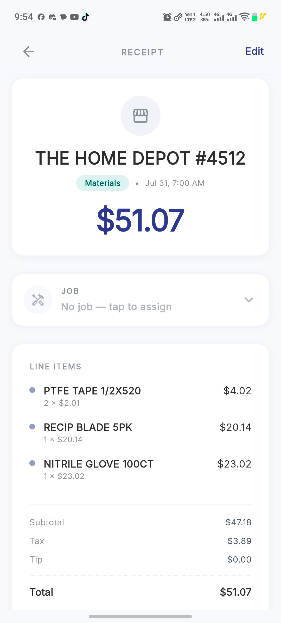 A Home Depot receipt read by Snap Receipt on Android: PTFE tape, saw blades and nitrile gloves, each line with its quantity and unit price, filed under Materials, $51.07 in all, and a job one tap away.