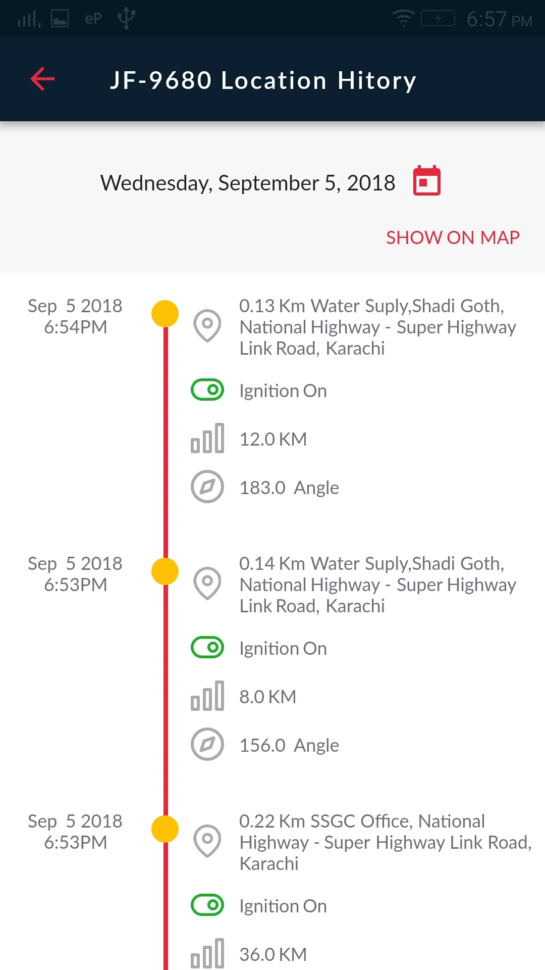 A vehicle's location history in 247 Track on Android in 2018: one day's reports on a timeline, each with its time, nearest landmark, ignition, distance and heading.