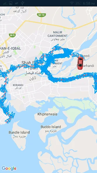 A vehicle's route on the map in 247 Track on Android in 2018: arrows along the way show which way it was heading at each report, and the car sits at its last position.