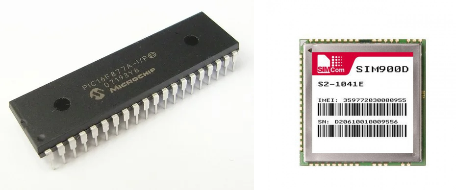 A PIC microcontroller in a 40-pin package, beside a SIM900D GSM module.
